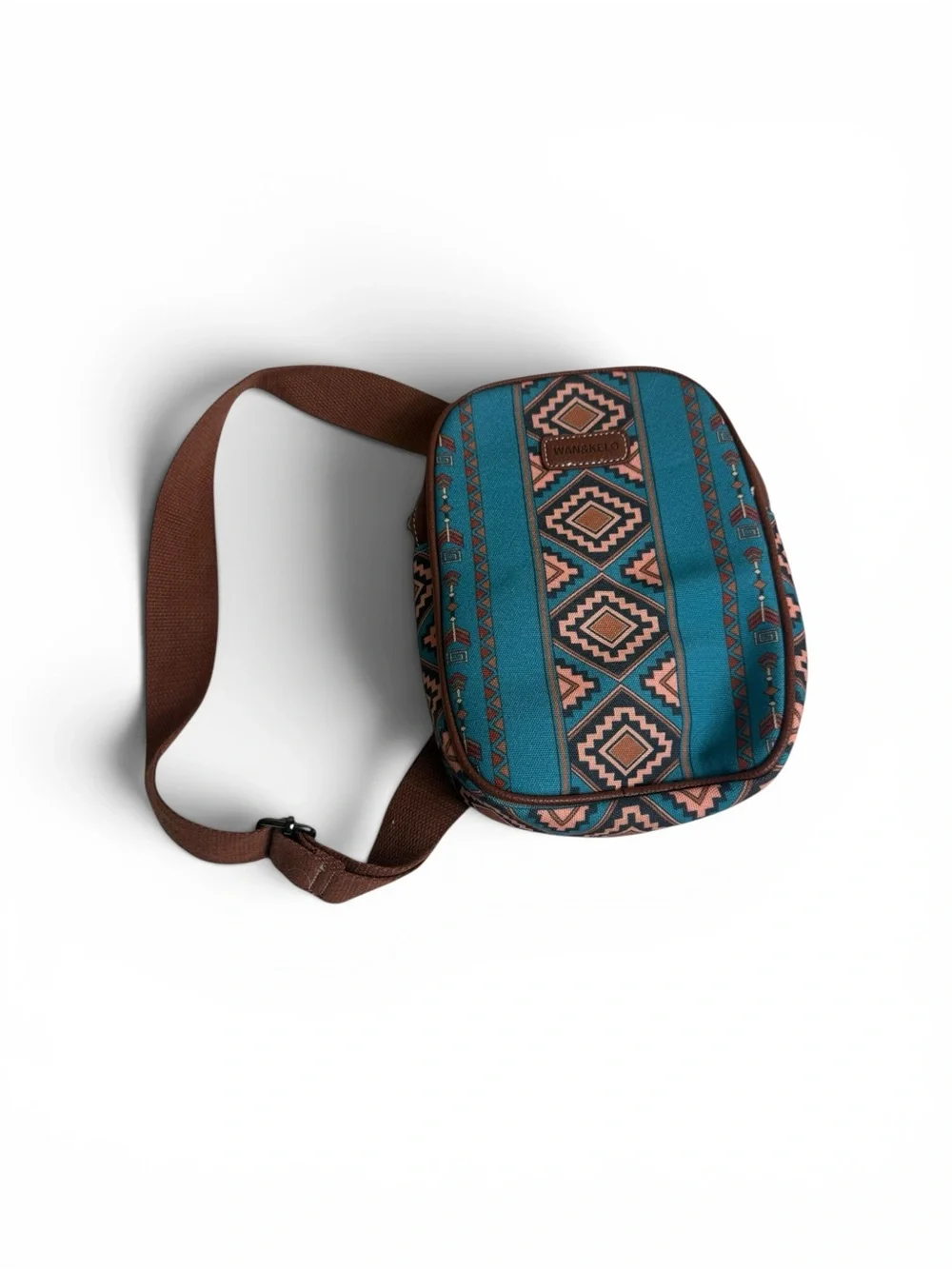 Wan & Kelo Teal Aztec Patterned Belt Bag with Brown Strap - Picture 1 of 10